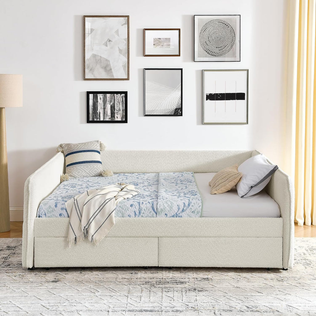 Queen Size Boucle Upholstery Daybed with 2 Drawers, Modern Style Tufted Corner Sofa Bed Frame with Solid Wooden