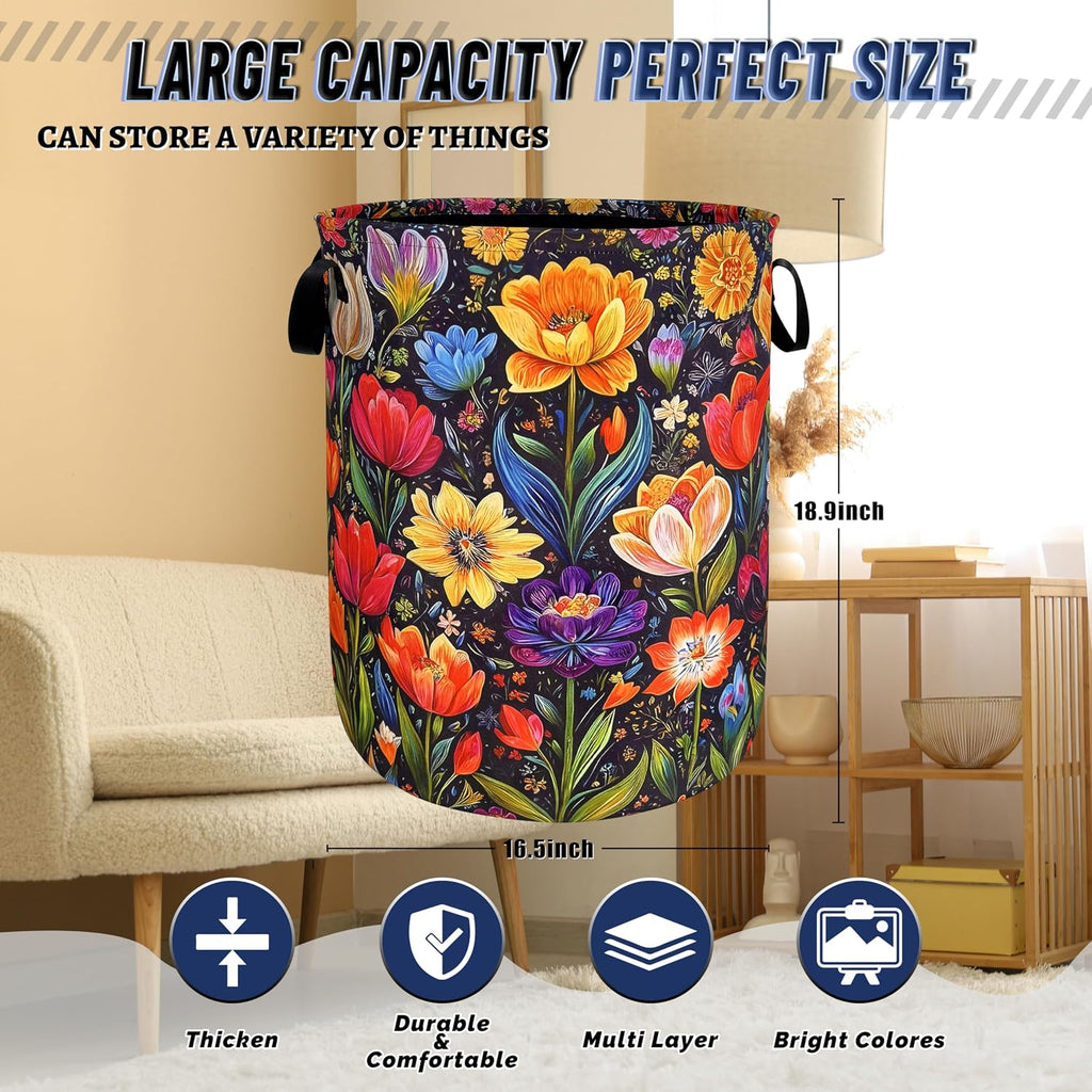 Bright Colorful Flowers Laundry Hamper Oxford Cloth Beautiful Floral Laundry Basket With Handle Portable Clothes
