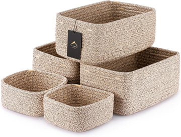 5-Pack Small Woven Rope Storage Baskets, 2 Sizes Organizer Bins | Fabric Cube Boxes and Rectangular Shallow Bins for