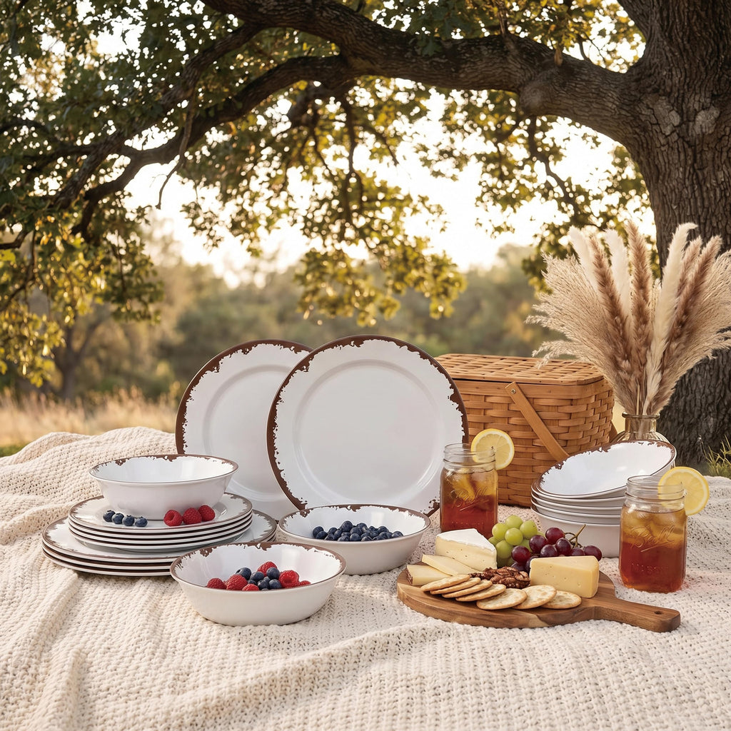 Melamine Dinnerware Farmhouse Plates and Bowls Set for 4-Off White