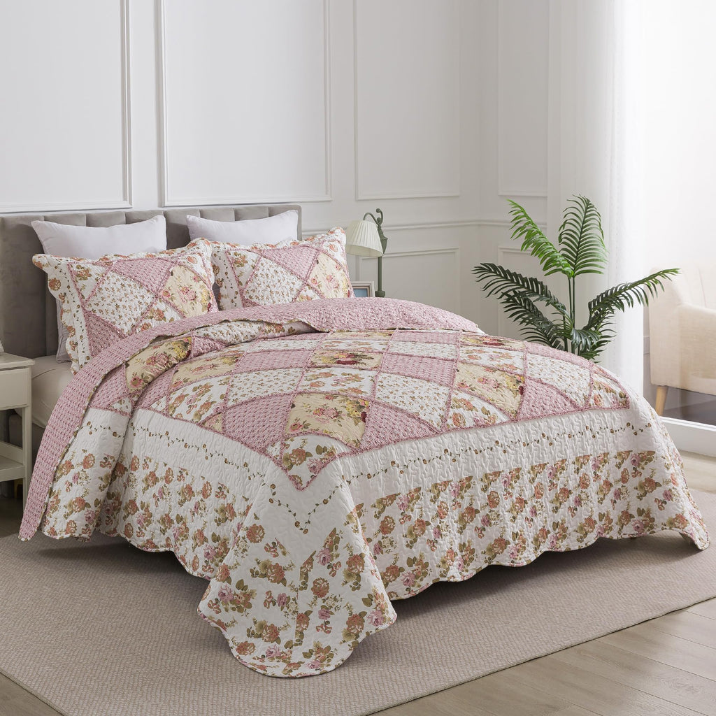 Quilt Bedding Sets - Floral Quilt Bedding Sets 3-Piece 90x96, Lightweight Bedspreads Patchwork Coverlet Rustic