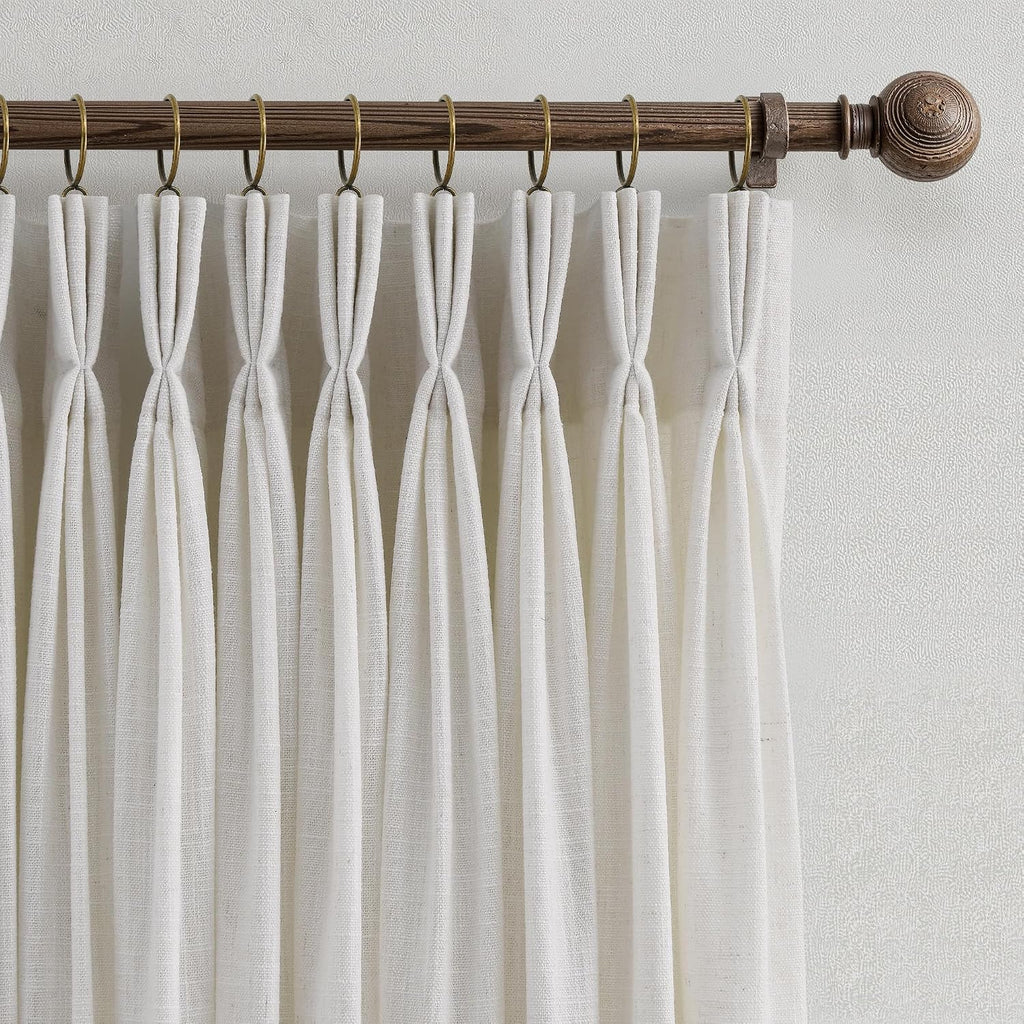 Triple Pinch Pleated Curtains for Living Room 90 Inch Linen Curtains 2 Panels Set Natural Cream Light Filtering Semi