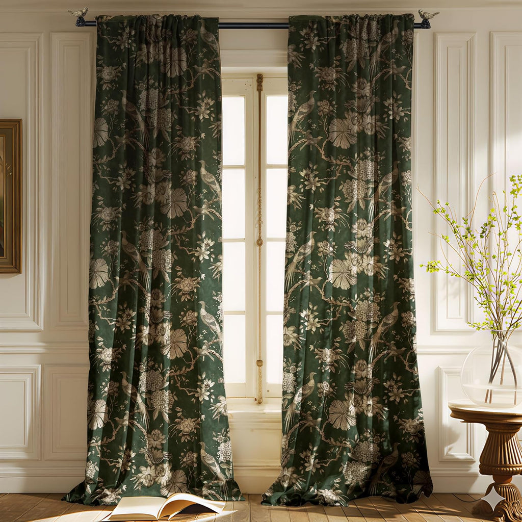Green Printed Velvet Curtains,Retro Luxury Floral Peacock Pattern Super Soft Durable Fabric Room Darkening Privacy
