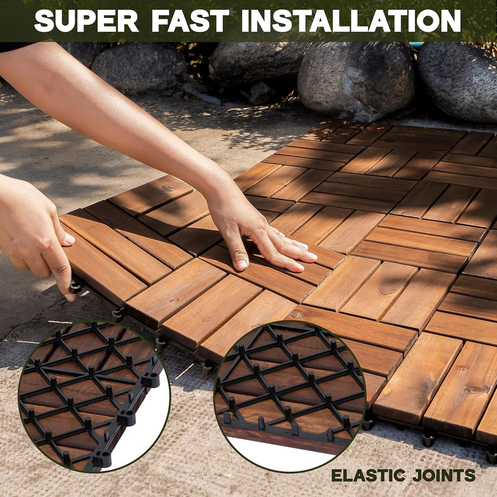 Natural Acacia 12x12 Interlocking Wood Deck Tiles for Balcony, Garden, Patio, Poolside Decor - Waterproof Indoor &