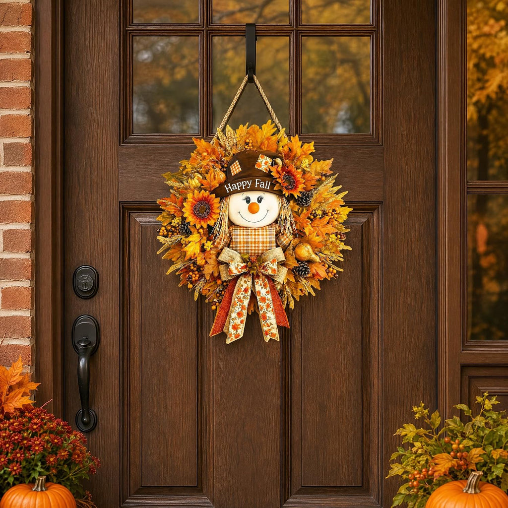 Fall Decorations Wooden Fall Decor Scarecrow Door Wreath for Front Door Farmhouse Scarecrow Maple Leaf Welcome Sign