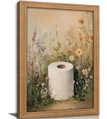 Framed Funny Bathroom Wall Art UV Printed Texture Floral Toilet Paper Canvas Wall Decor Rustic Vintage Bathroom