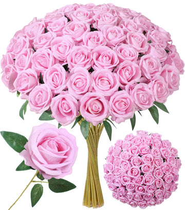 50 PCS Pink Roses Artificial Flowers with Long Stems