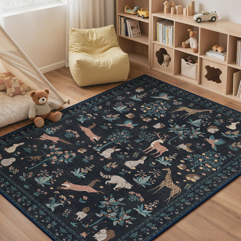5x7 Animal Print Nursery Playroom Rug Machine Washable Floral Low Pile Carpet, Non-Slip Non-Shedding