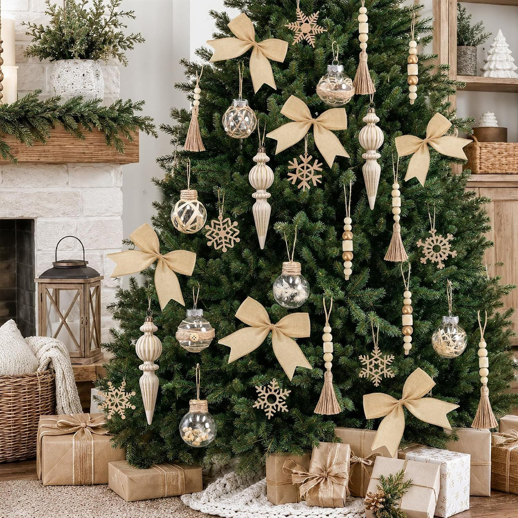 Boho Christmas Ornaments, Neutral Rustic Tree Decorations - Set of 39
