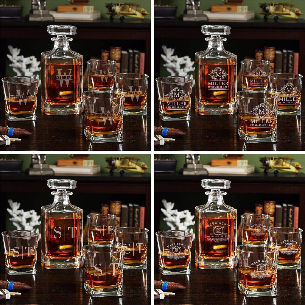 Personalized Whiskey Decanter Set with Wooden Gift Box - Set of 6