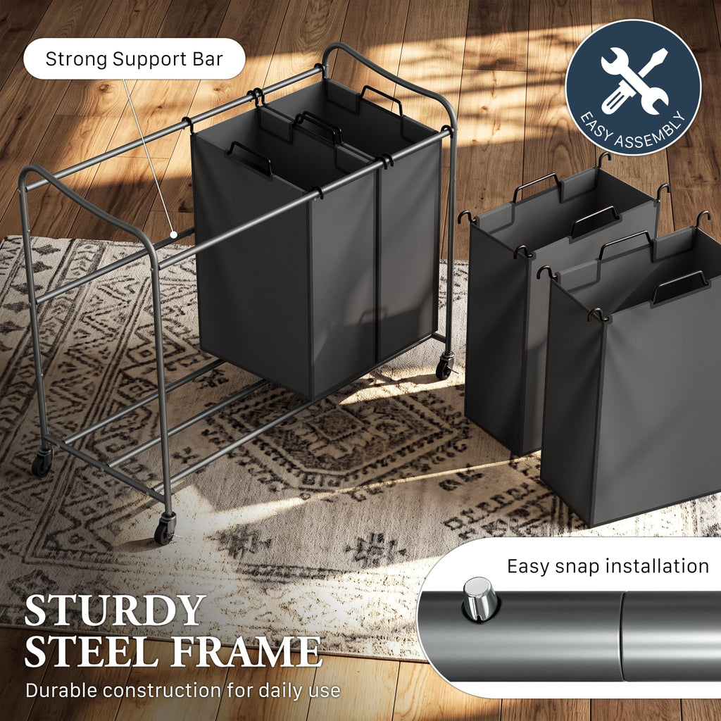 4-Bag Heavy Duty Laundry Sorter Rolling Cart, Dark Grey