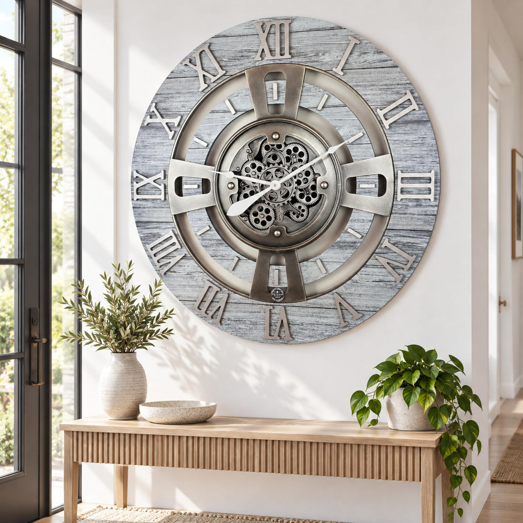 Real Moving Gear Wall Clock England Line (Silver Grey, 24 inches (60 cm))