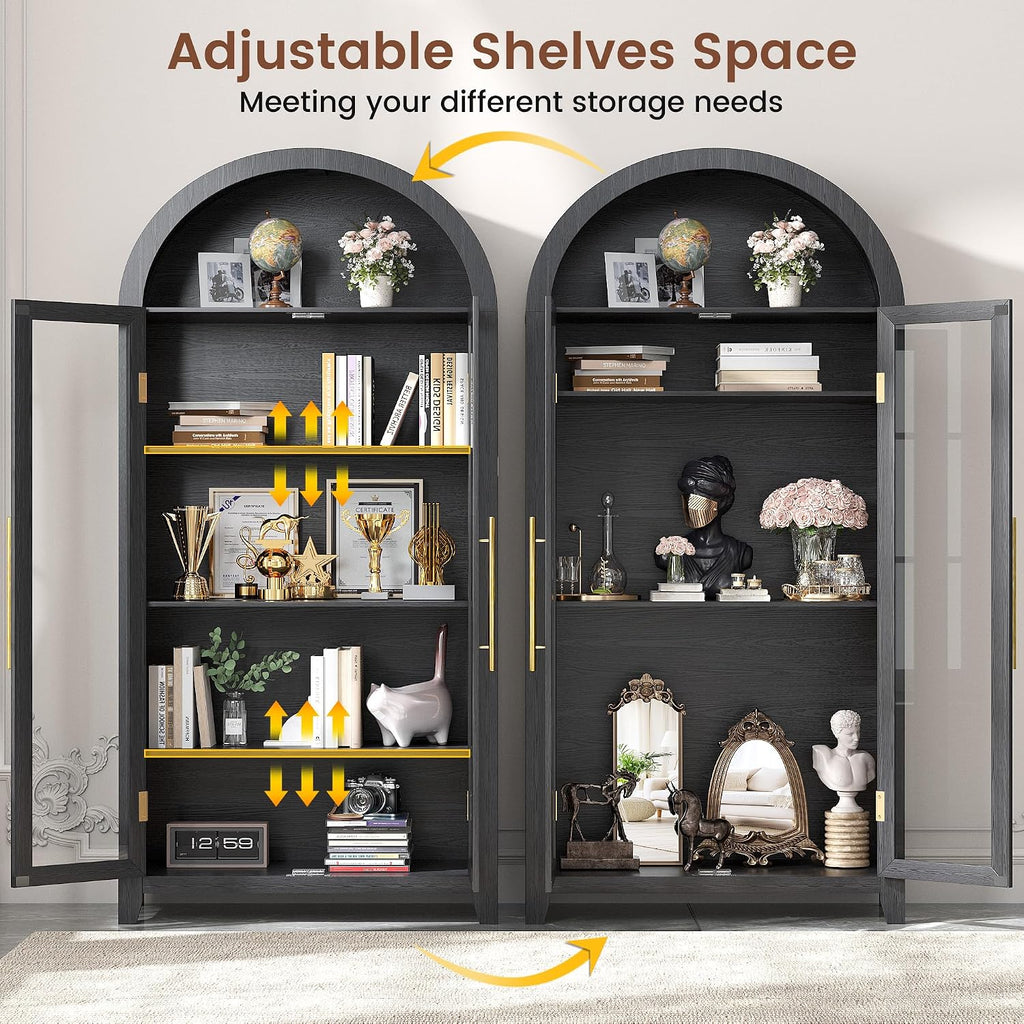 Arched Display Cabinet with Glass Doors and LED Light, 71" Tall | 5 Tier Curio China Cabinet, Adjustable Shelf