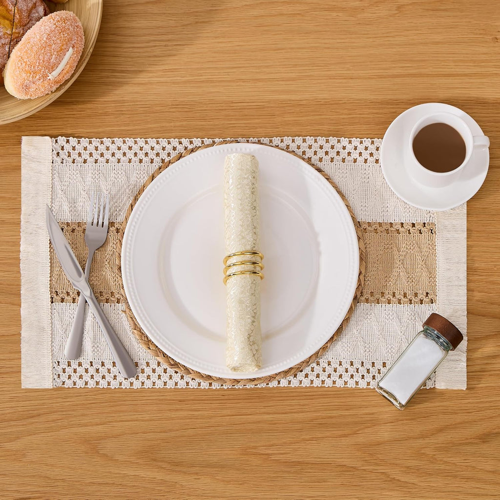 Handmade Boho Placemats - Natural Cotton Burlap and Water Straw Woven Rattan Wicker Braided Combination - Set of 6