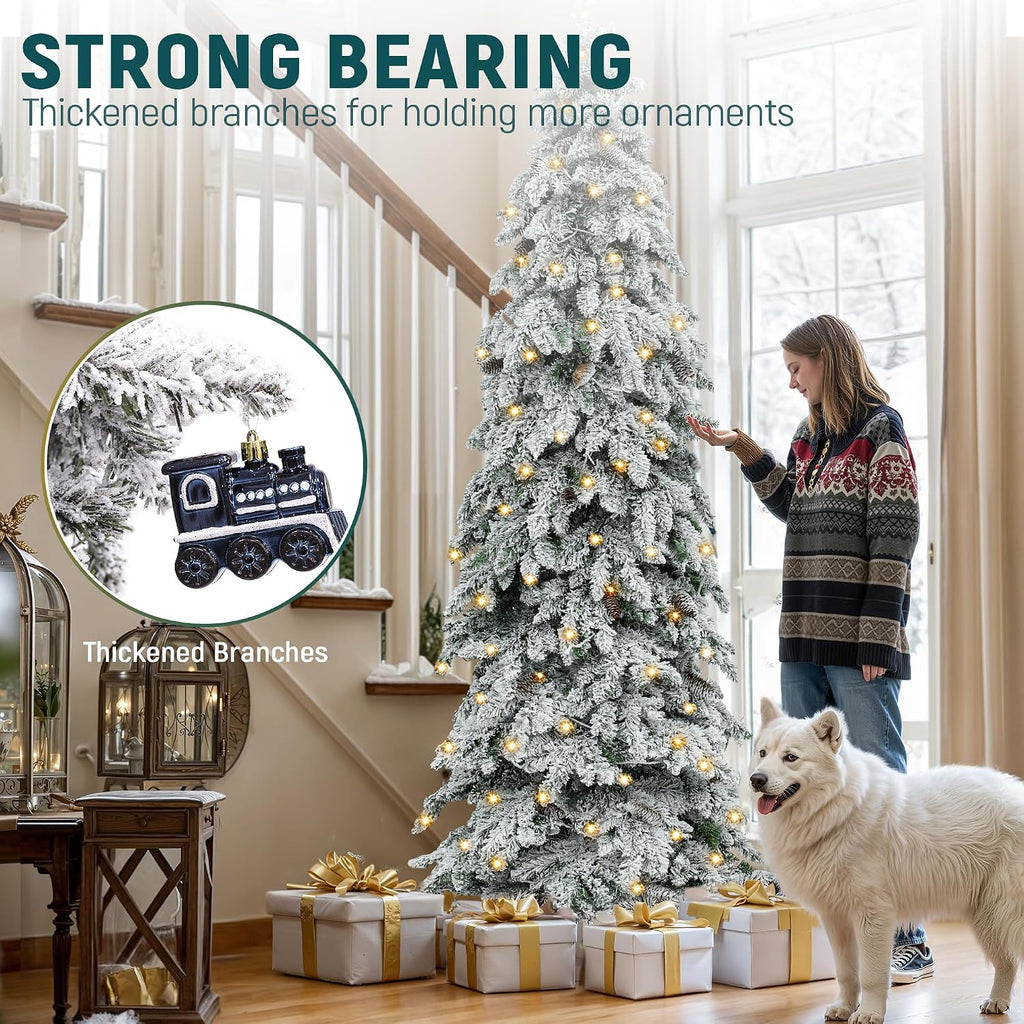 Prelit Flocked Drooping Pencil Christmas Tree with Pine Cone