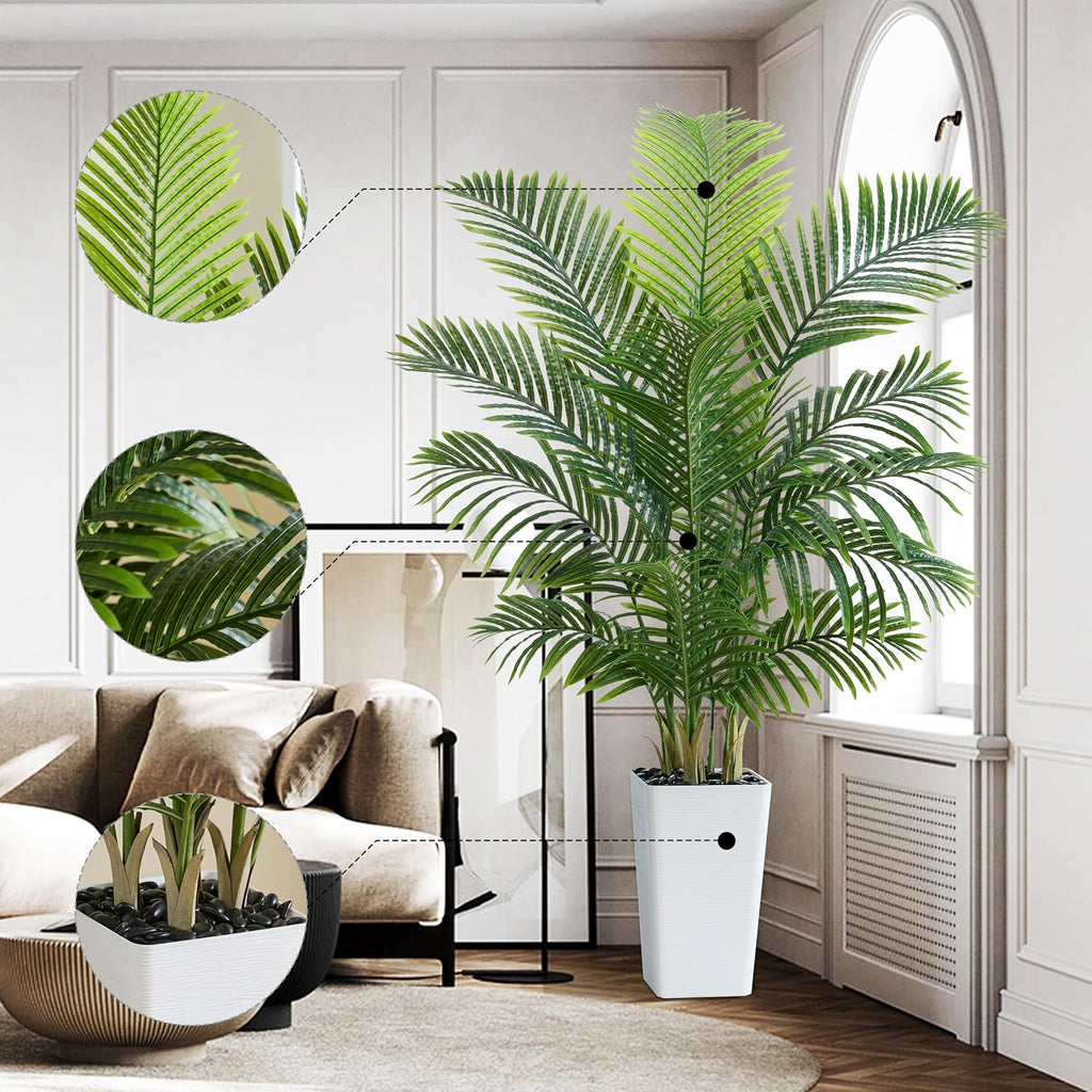 Artificial Palm Tree 5FT - Tall Fake Tree with White Taper Planter & Pebbles, UV Resistant, Large Potted Faux Plant