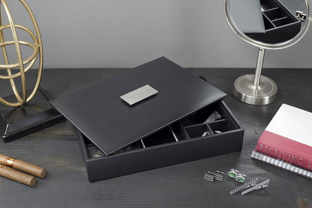 Mens Valet Tray/Dresser Organizer & Lid - 6 Slot Luxury Jewelry Accessories Box, Carbon Fiber Design & Metal Buckle