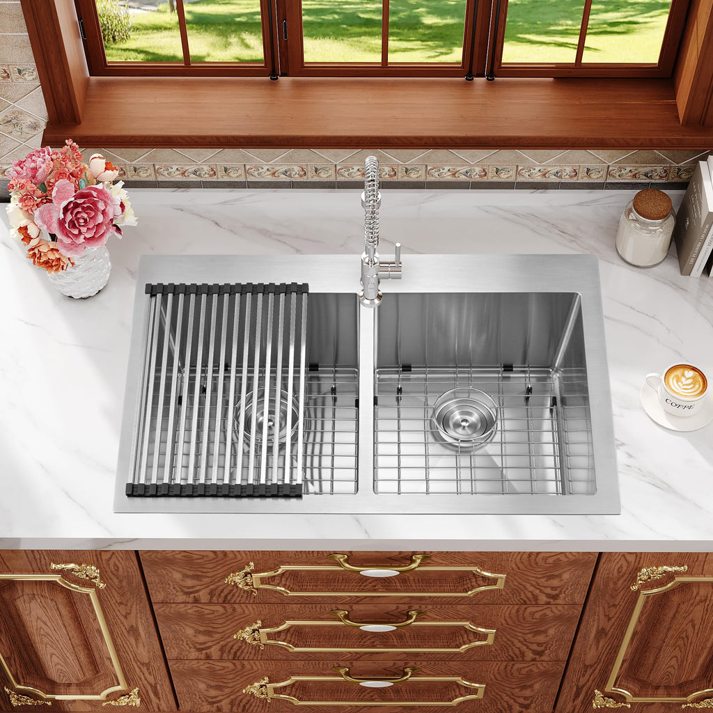 33''x22'' Drop In, 16-Gauge 50/50 Stainless Steel Double Sink 33 Inch, 9 Inch Depth Drop In Double Sinks with All