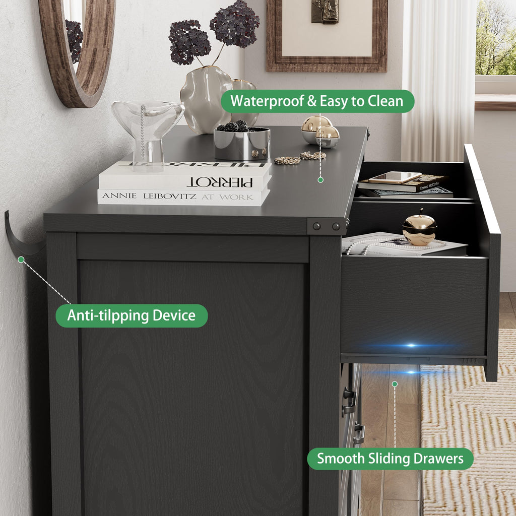 Dresser with 6 Drawers, 48" Wide Wood Chest of Drawers with Deep Drawers & Mental Handle, Modern Dresser TV Stand