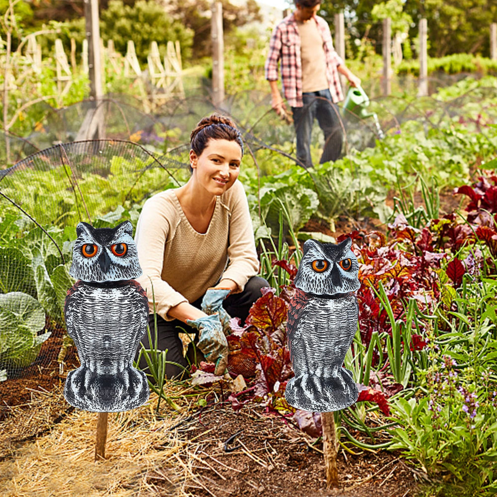 2 Pack Fake Owl Decoy Bird Scarecrow Sculpture, Rotating Head Plastic Owl Bird Deterrents, Nature Enemy Horned Pest