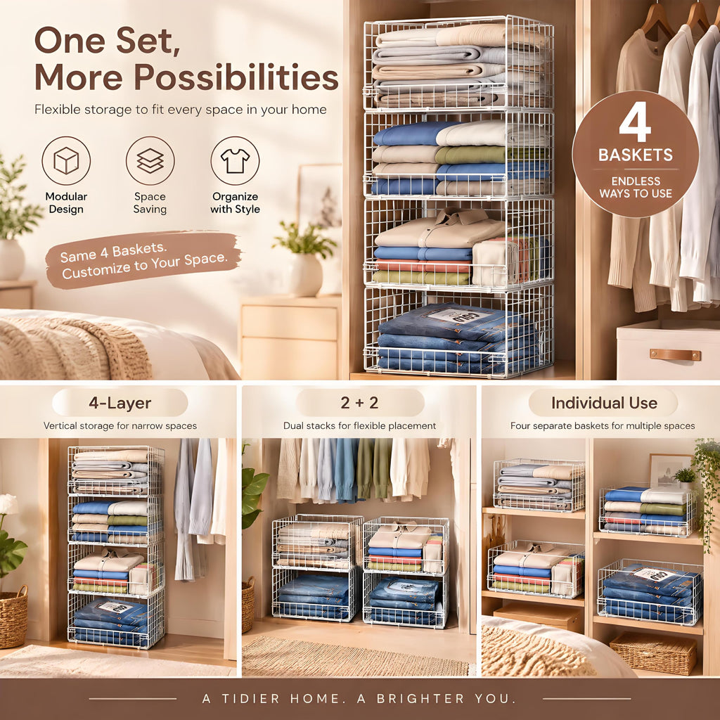 4-Tier Stackable Closet Organizers and Storage, Wire Closet Shelf Organizer