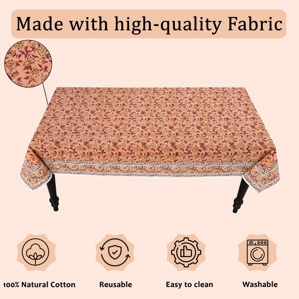 Apricot Rosette Vine Block Print Rectangle Tablecloth 52x70 Inch