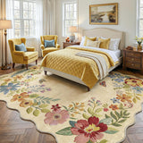 9x12 Floral Washable Area Rug Beige Neutral Vintage Flower Botanical Cottage Boho Cream Scalloped So
