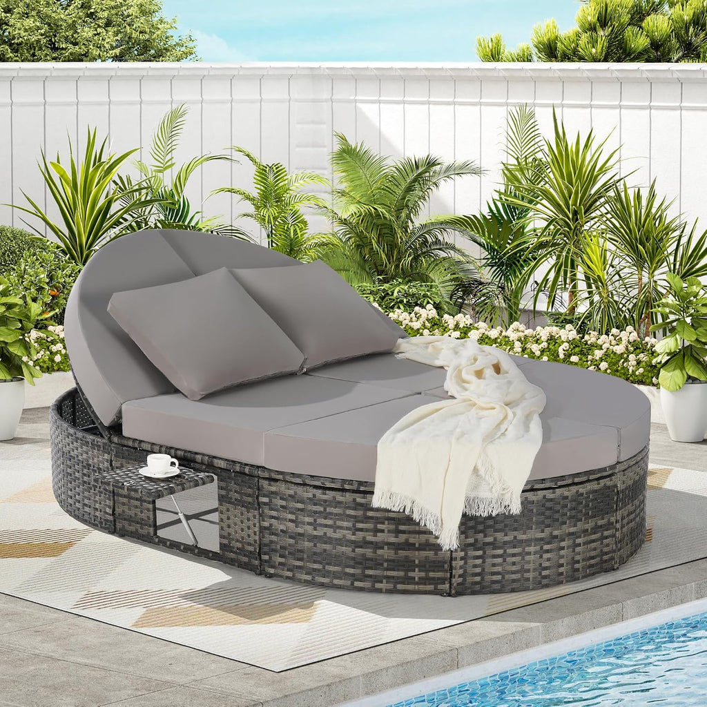 Outdoor Patio Round Daybed, Sun Bed with Adjustable Backrests and Foldable Cup Trays, Reclining Outdoor Lounger