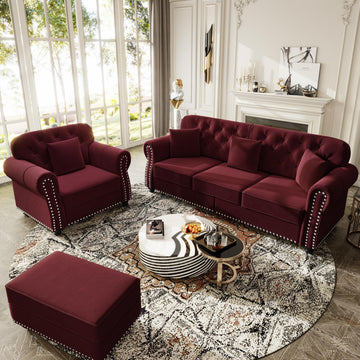 2-Piece Chesterfield Sofa Set with 1 Velvet 3-Seater Sofa & 1 Single Sofa, Upholstered 4-Seater Couch Set with