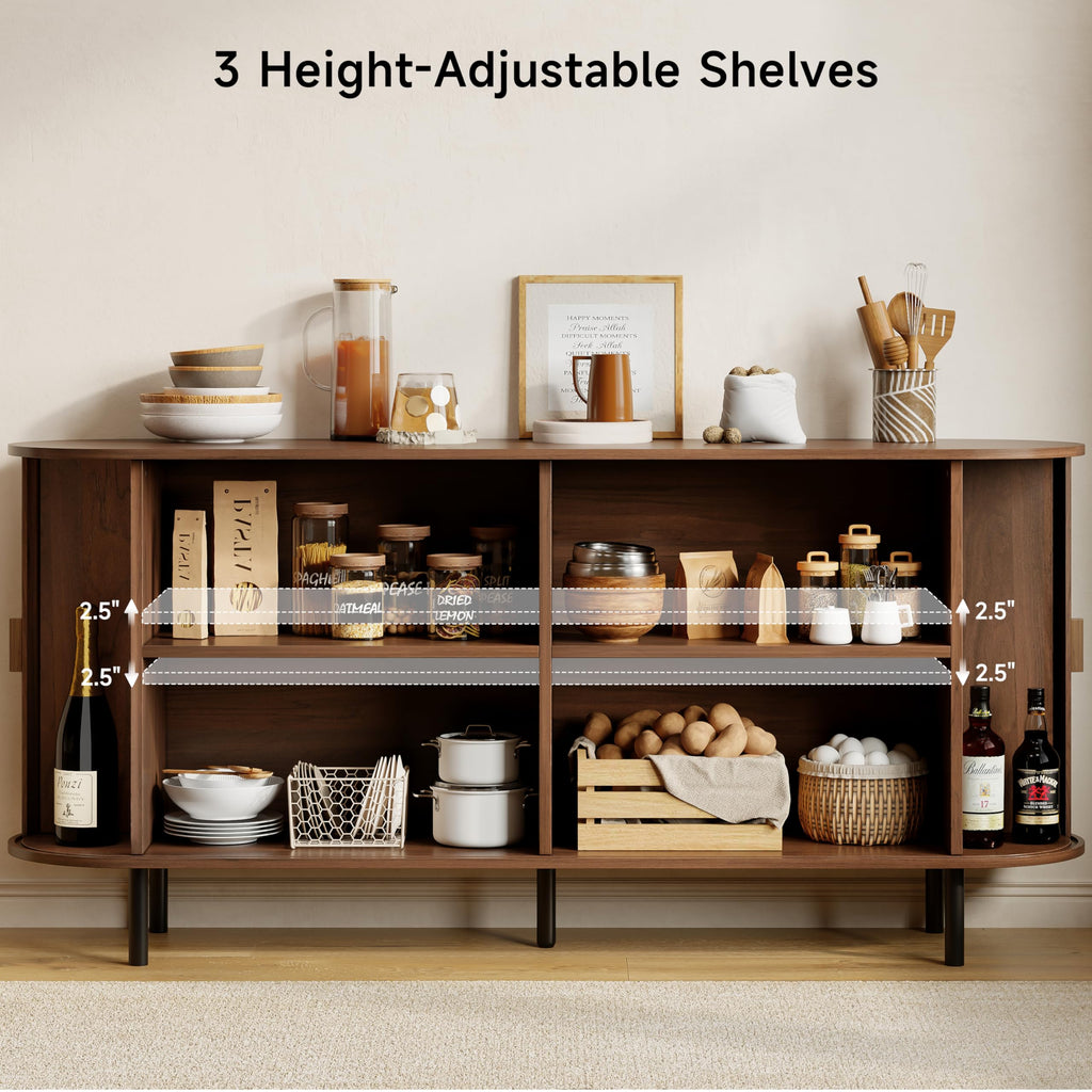 63" Fluted Buffet Sideboard Cabinet with Sliding Door, Walnut