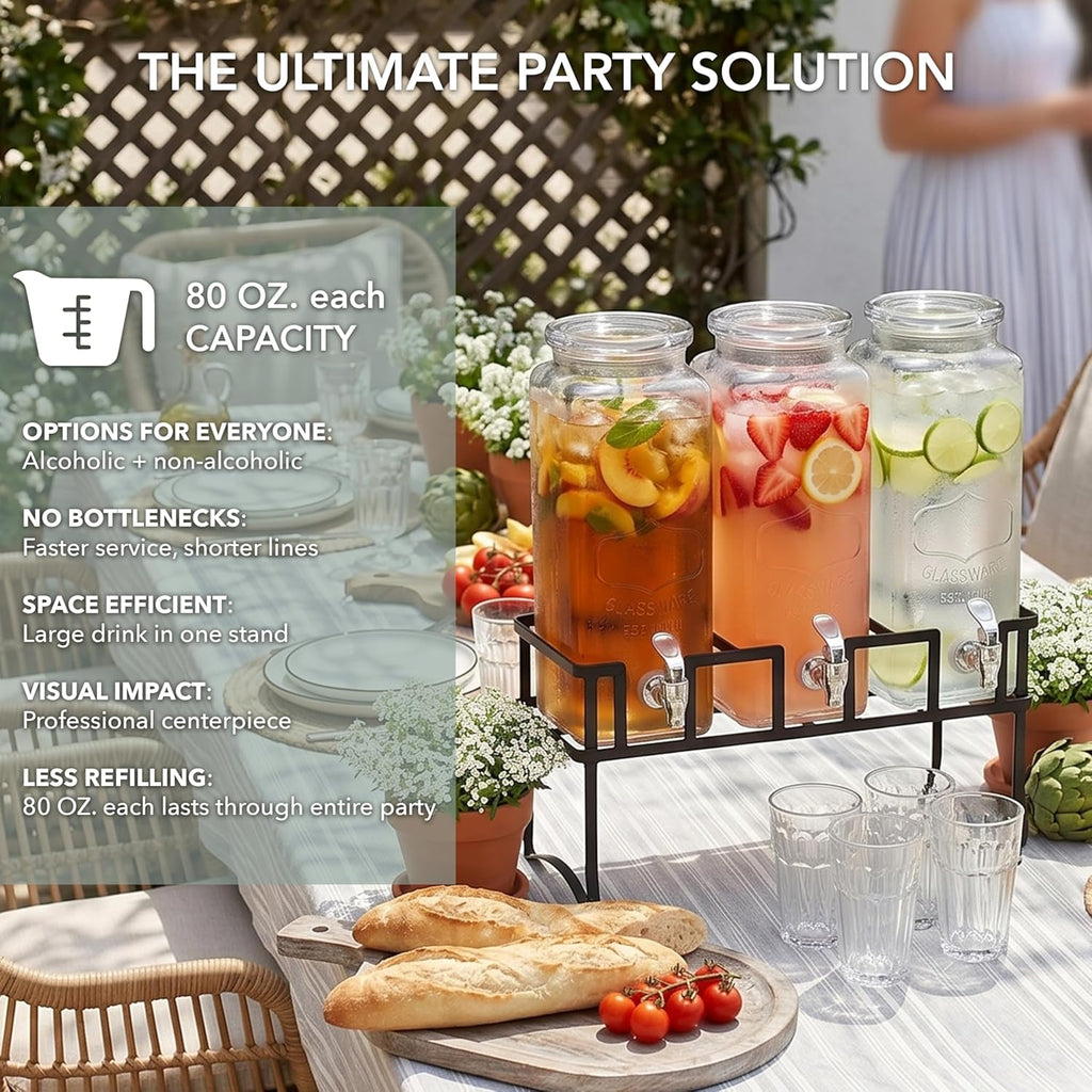 Triple Chalkboard Beverage Dispensers with Metal Stand & Spigot, Glassware for Water, Iced Tea, Punch, Cold Drinks