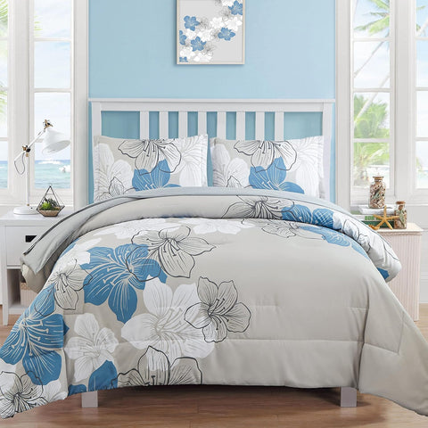 Luxudecor Floral Comforter Set Queen, Blue Floral Comforter and Sheet Set