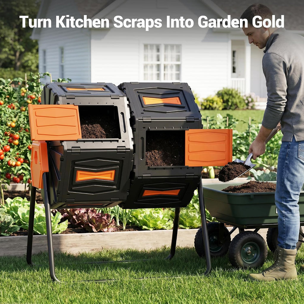 Composter Tumbler Outdoor, 45Gal Dual Chamber Batch Rotating Compost Tumbler, Easy Assembly/UV Resistant/BPA-Free/HOA