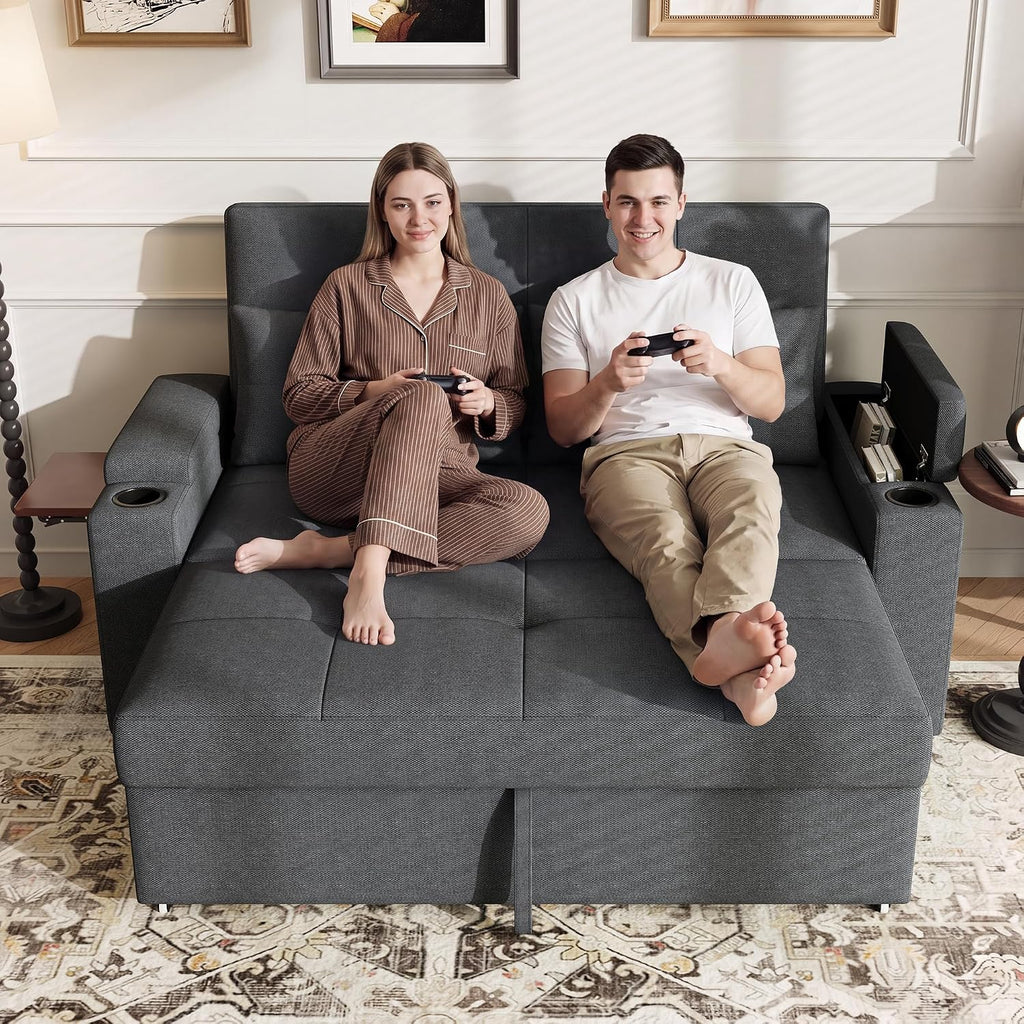 65'' Convertible Futon Sofa Bed, Fabric Pull Out Couch, Dark Grey | 3-in-1 Loveseat Sleeper Sofa with Adjustable