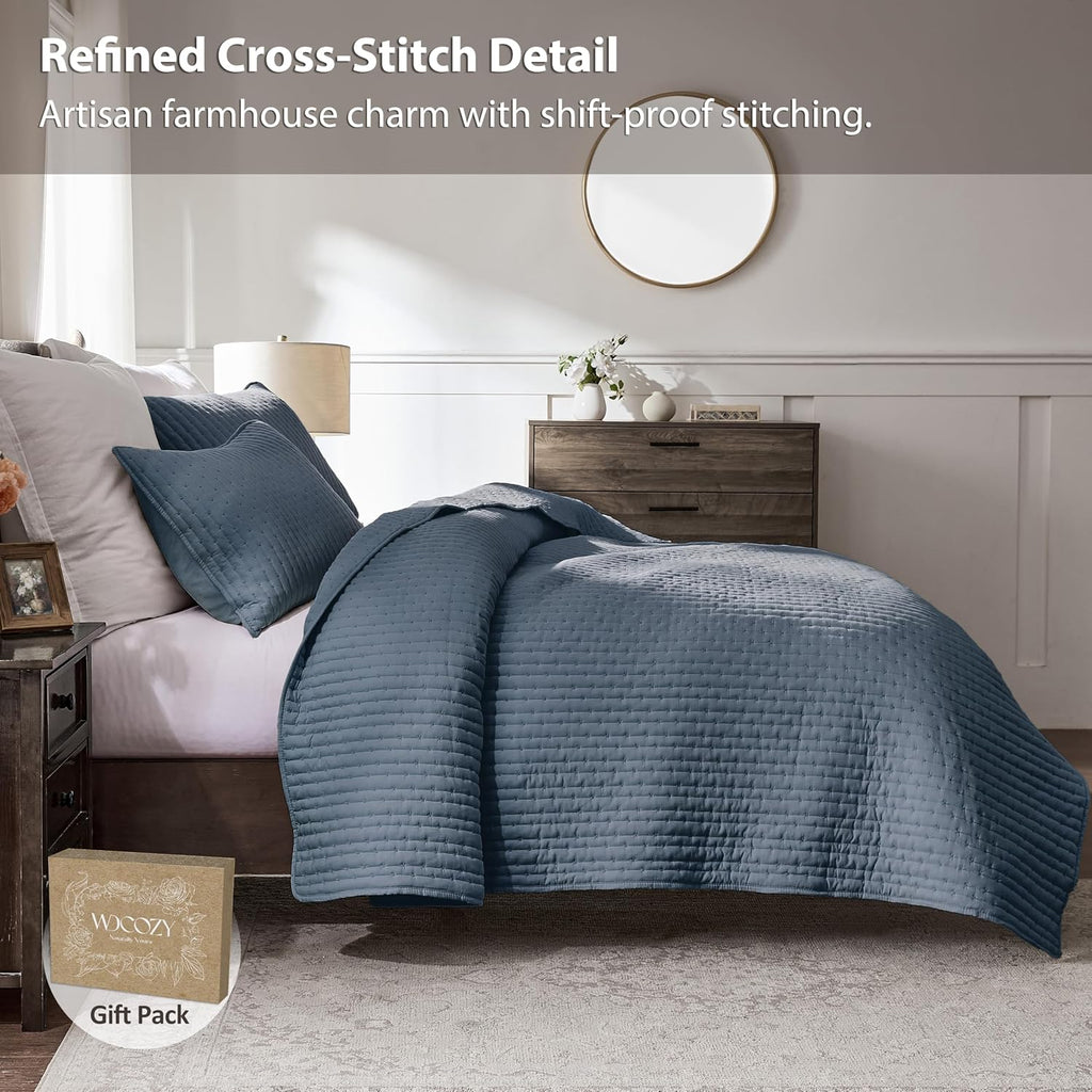 Blue Cross Stitch King Quilt Set, Striped Lightweight Soft Bedspread, Channel Farmhouse Rustic Coverlet, All Season