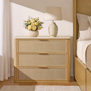Night Stand, Rattan Nightstand with 3 Drawers