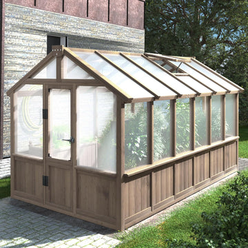6 x 12 FT Wooden Polycarbonate Greenhouse, Outdoor Green House Kit with Ventilated Window and Lockable Door, Walk-in