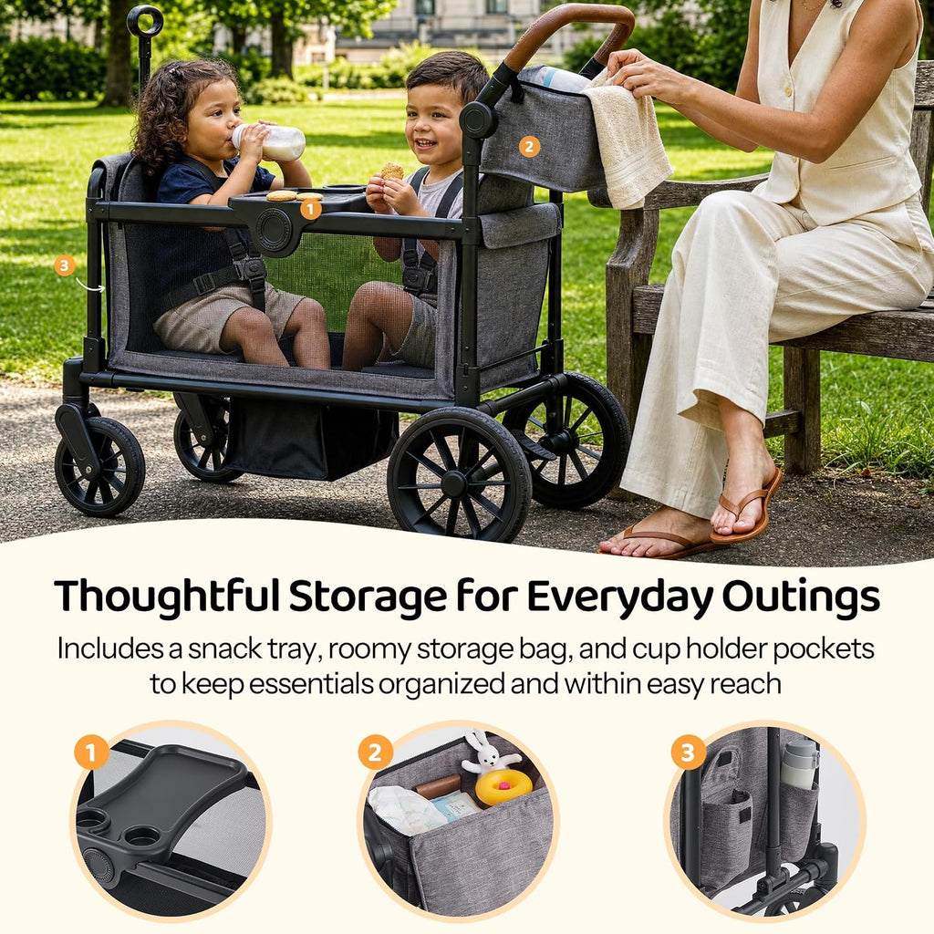 Stroller Wagon for 2 Kids, Foldable Seater with Canopy
