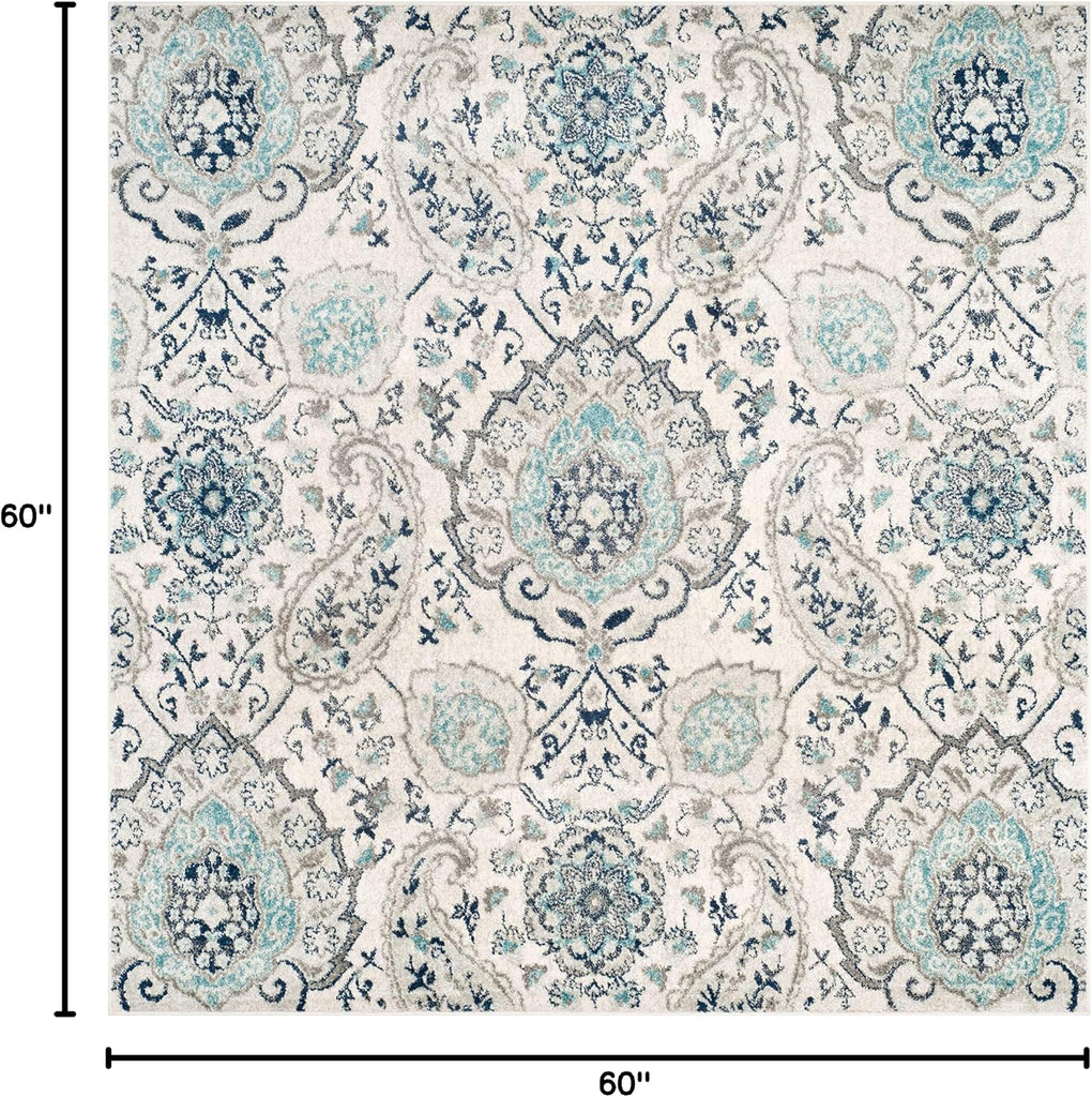 Madison Collection Area Rug - 5'3" Square, Cream & Light Grey, Boho Chic Glam Paisley Design, Non-Shedding & Easy