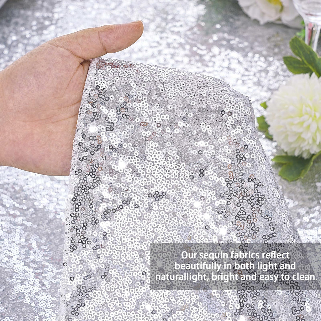 Sequin Tablecloth 60x102 Inch Silver Glitter Wedding Fabric for 6ft Table