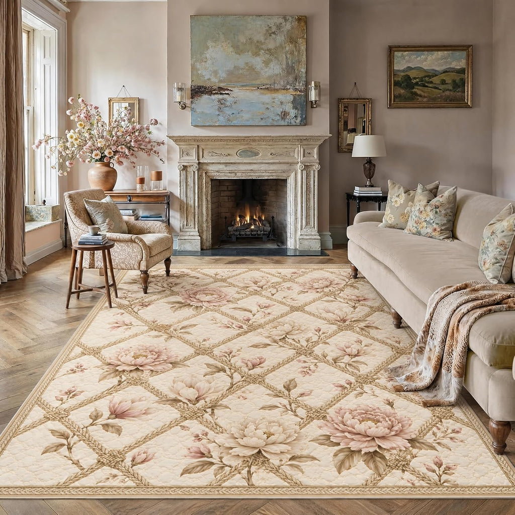 Beige Cream Checkered Floral Area Rug 5'x7' for Girls Bedroom Living Room