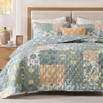 Queen Quilt Set - 3 Pieces Patchwork Green Quilt Bedding Set, Lightweight Queen Bedspread Coverlet, Reversible Floral