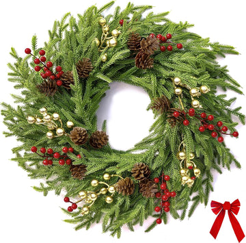 26" Norfolk Pine Wreath, Large Greenery Wreath for Front Door, Green Year Round Real Touch Artificial Greenery Wreath