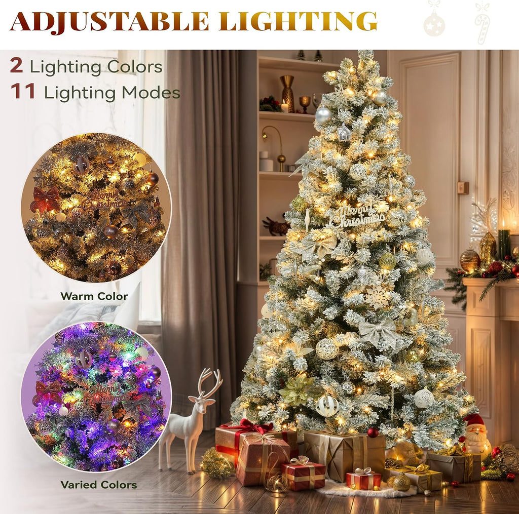 Prelit Snow Flocked Artificial Full Christmas Tree with Remote Control, Christmas Pine Tree with 11