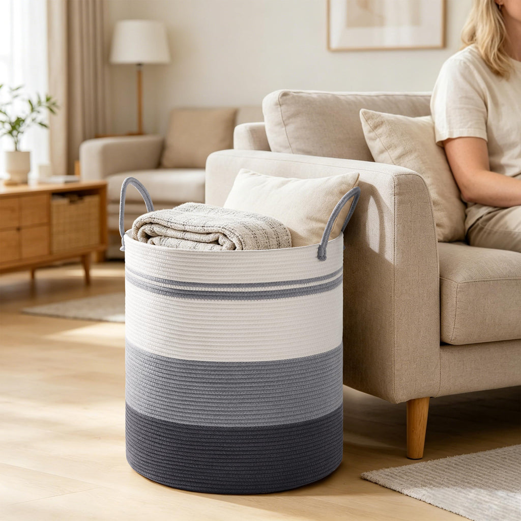 58L Tall Cotton Rope Laundry Basket with Handles, Grey Striped
