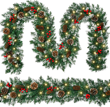 9 FT Christmas Garland with Lights,Battery Operated Lighted Garland with Pine Cones Red Berries Lush Branches,50 LED