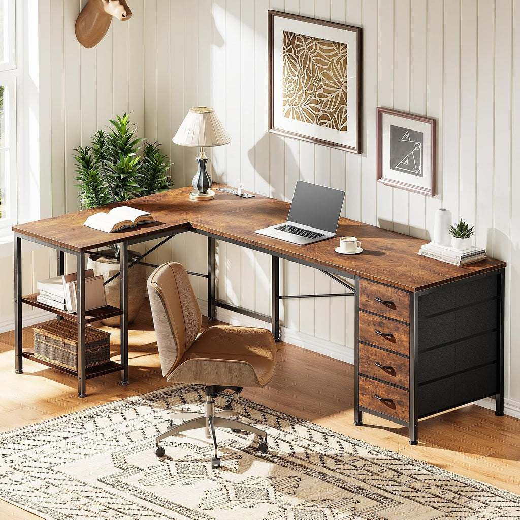 55 Inch L Shaped Desk with Fabric Drawers, Reversible Computer Gaming Desk with Power Outlets and USB-C Port
