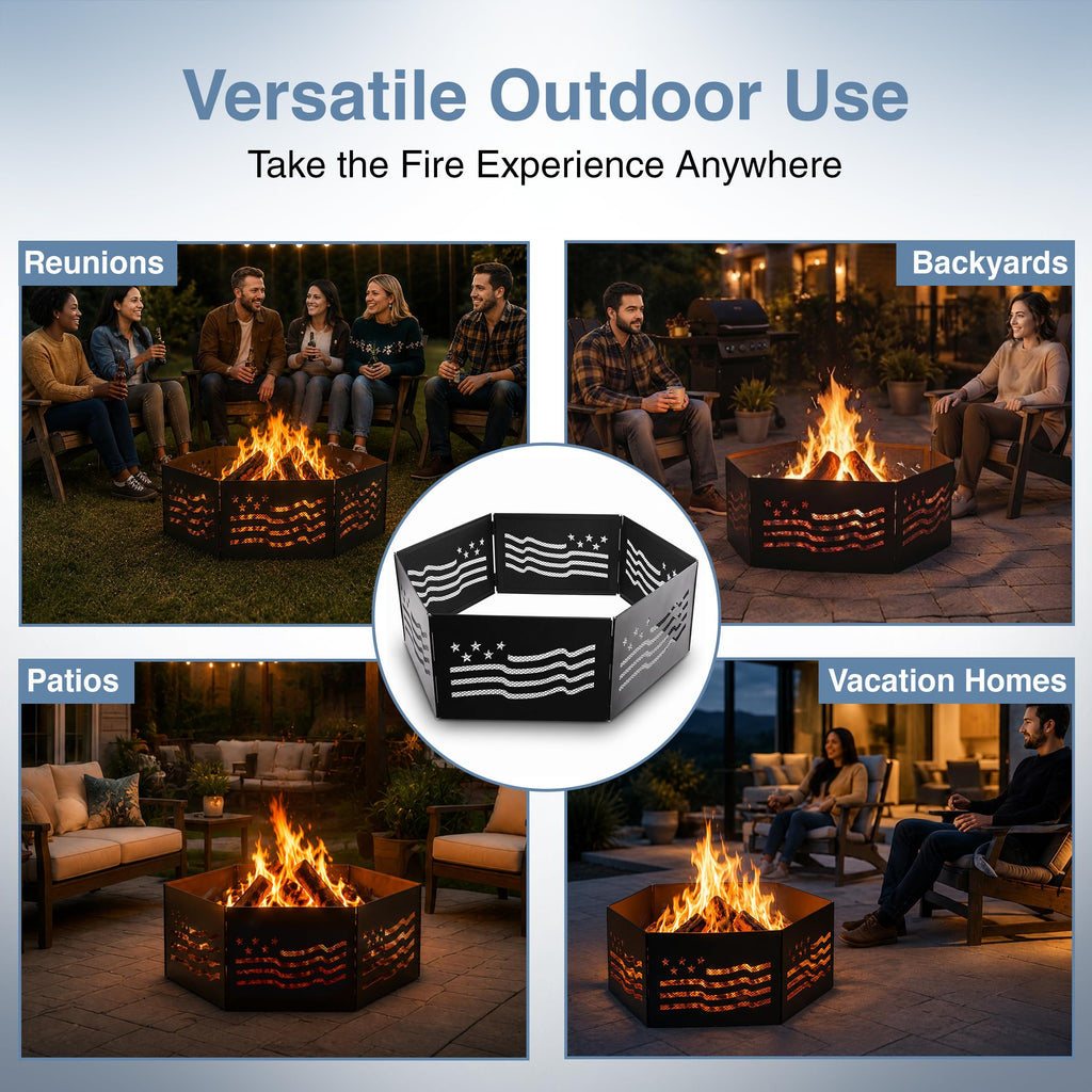 36" x 12" Zion Portable Folding Fire Ring, Steel Mesh Foldable Fire Ring, Stars and Stripes, Black