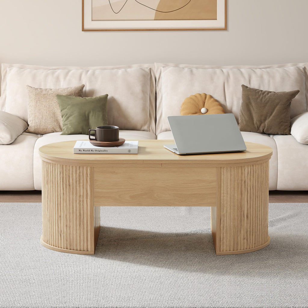 Fluted with Lifting Top, Oval Wood Lift Top with Hidden Compartment, Mid Century Pull up Center Tables - Natural