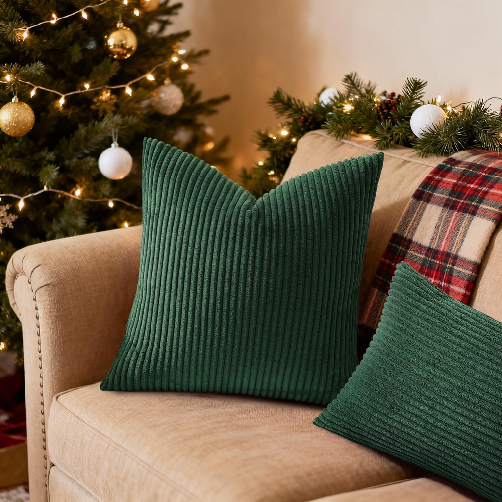 Soft Corduroy Throw Pillow Covers 18x18 Set of 2 Christmas Green